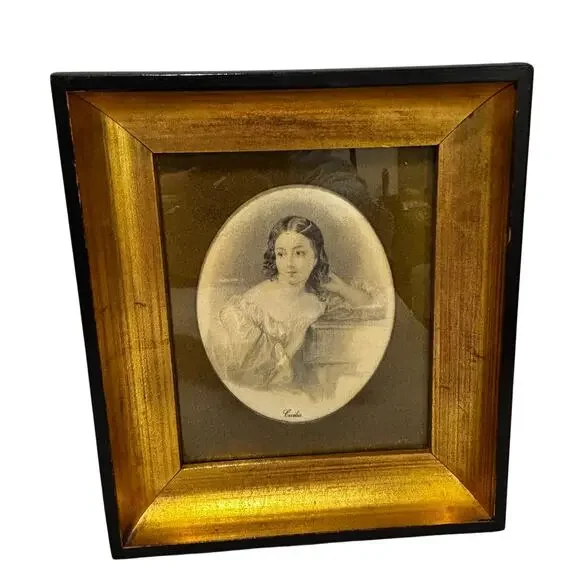 Vintage set (3) framed art prints portraits named women wooden double frames